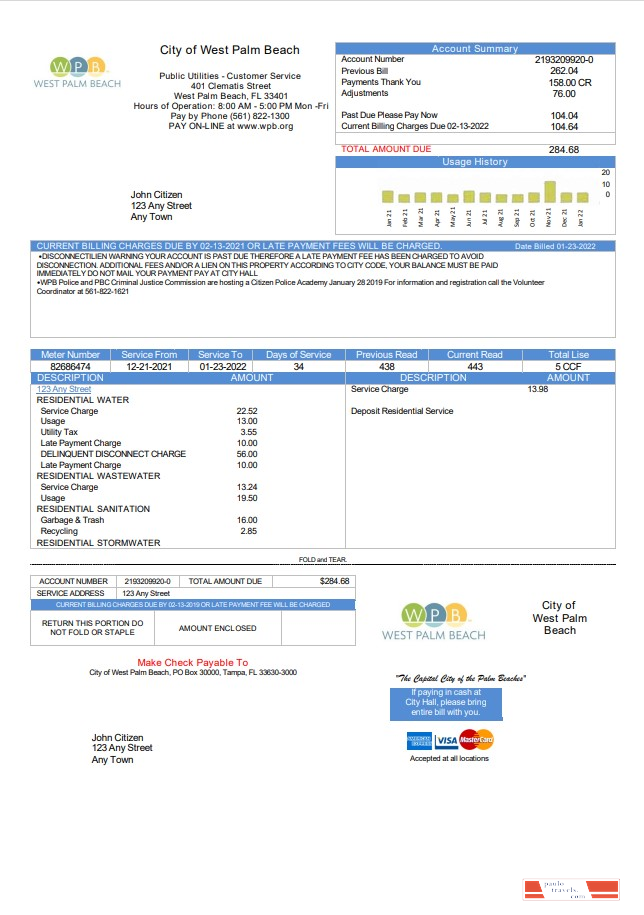 USA Florida City of West Palm Beach utility bill template in Word and PDF format